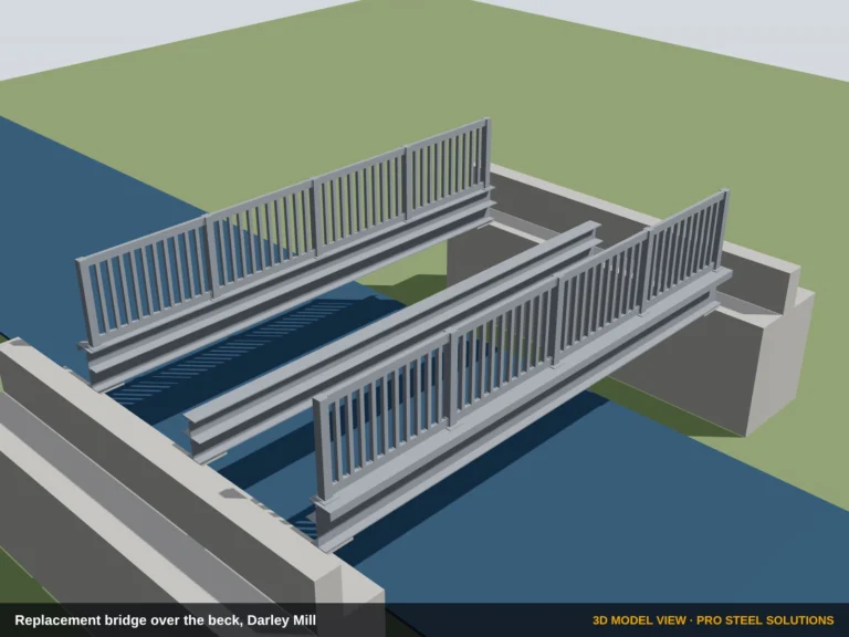 Ponte in acciaio con tre travi e parapetto a barre verticali, vista del modello 3D