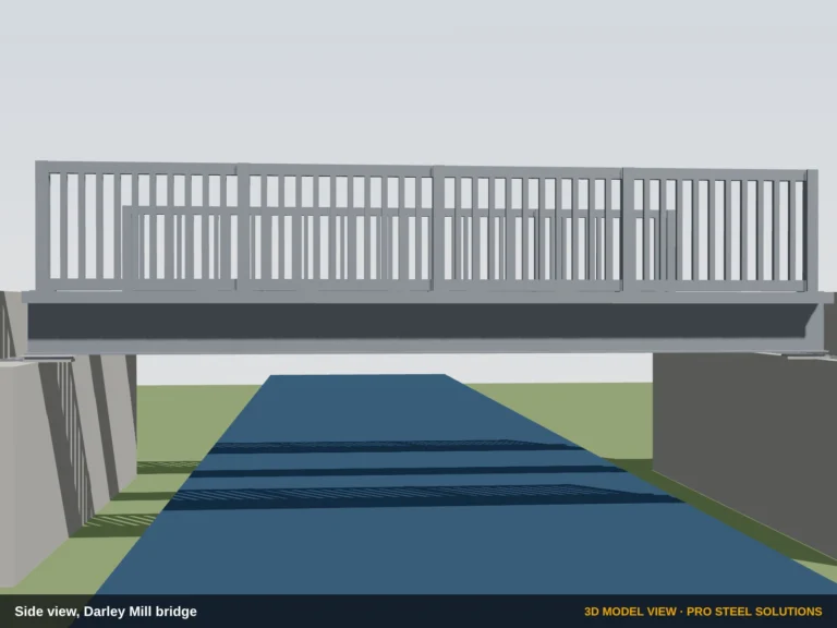 Vista laterale del ponte in acciaio sulle spalle sopra il torrente, vista del modello 3D