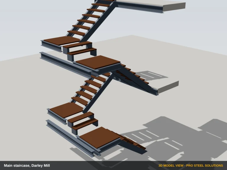 Scala in acciaio con cosciali in profilati a C e pianerottoli intermedi su tre piani, vista del modello 3D