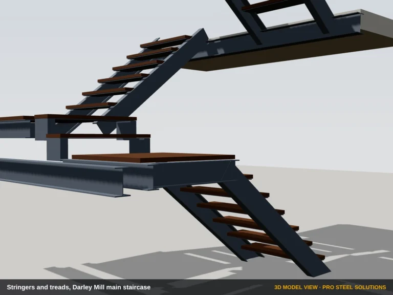 Rampa di scala in acciaio con cosciali in profilati a C e vassoi per gradini, vista del modello 3D